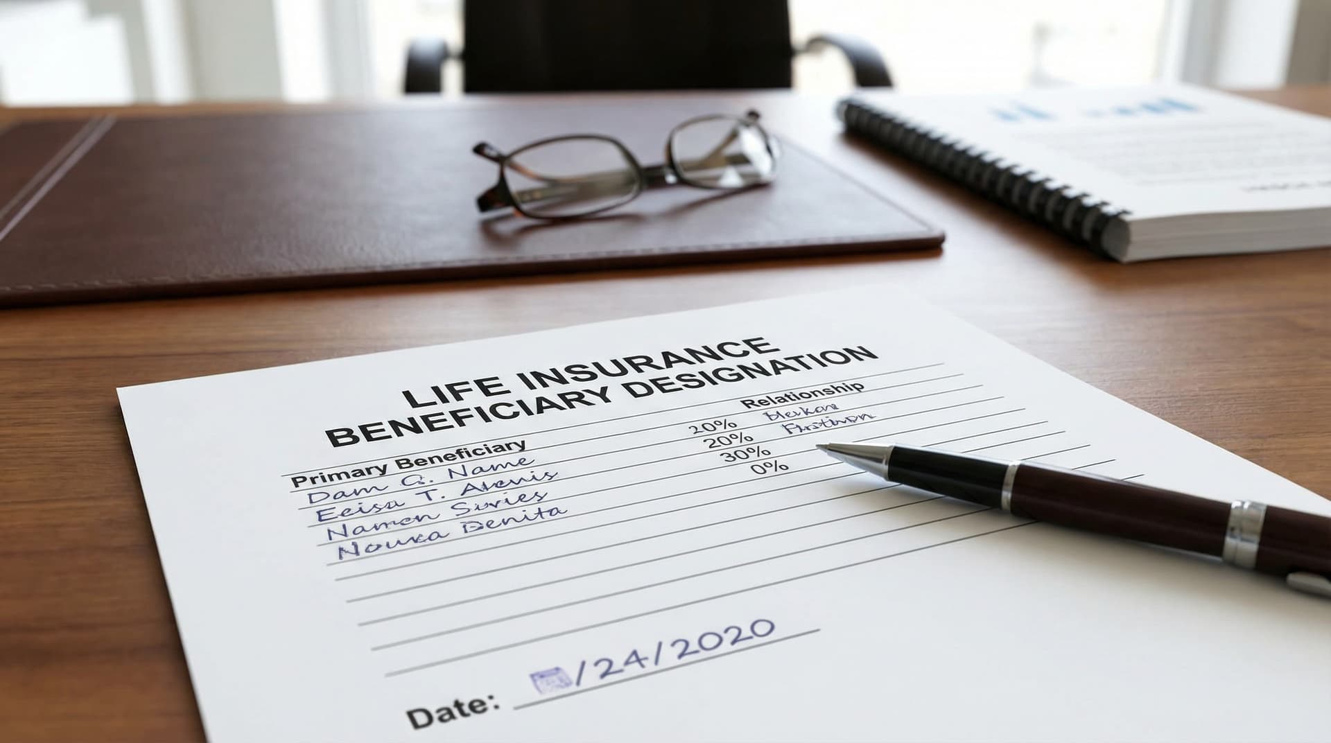 Insurance beneficiary form being filled out with pen, showing proper documentation
