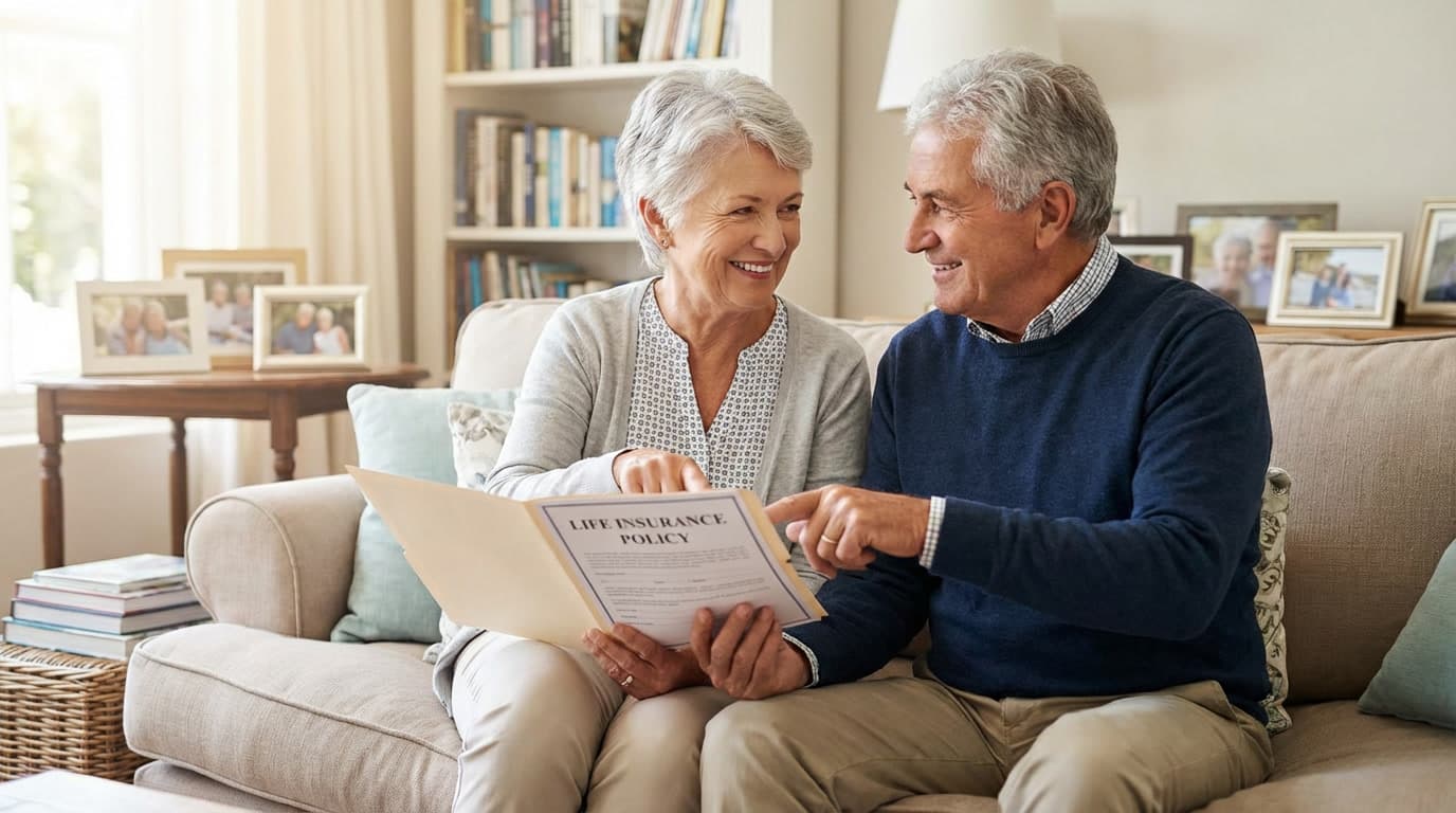 Senior couple reviewing insurance options together at home, peaceful and informed decision-making
